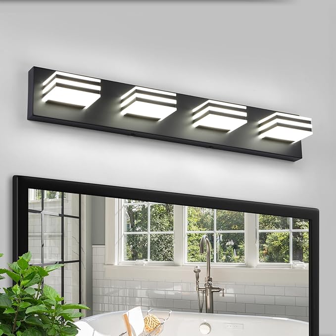 Black Bathroom Light Fixtures 24W Wall Light for Mirror 27 Inch Vanity Lighting Fixtures over Sink 4 Light LED Vanity Lamp Modern over Mirror Light Fixture Acrylic LED Light Bar for Bathroom Restroom