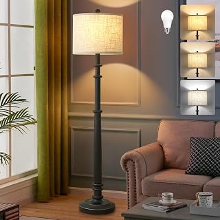 EJIAXIN Floor Lamps for Living Room - 60" Farmhouse Floor Lamp with Adjustable Color Temperatures - Vintage Standing Lamp Reading Light with Linen Shade Retro Tall Lamp for Bedroom Office, Black - Image 1