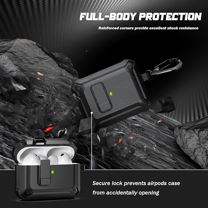 RFUNGUANGO AirPods Pro 3 Case (2025) with Safety Lock and Automatic Pop-up, Compatible with Airpods Pro 3rd Generation Case, Magnetic Lid, Compatible MagSafe, Hard Shockproof Protective Case,Black
