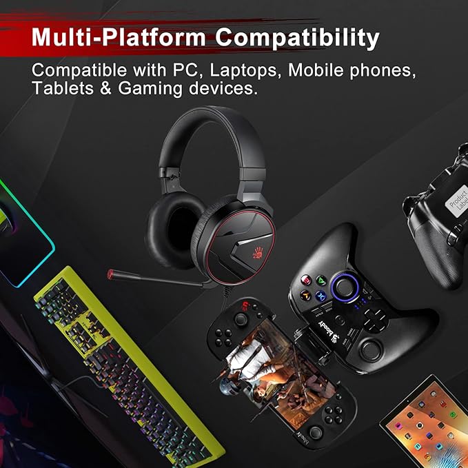 Bloody G600i Wired Gaming Headset with Microphone, 7.1 Virtual Surround Sound, Detachable Noise Canceling Mic, Memory Foam Earpads, Over-Ear Headphone for Xbox, PS4/5, Switch (Black)