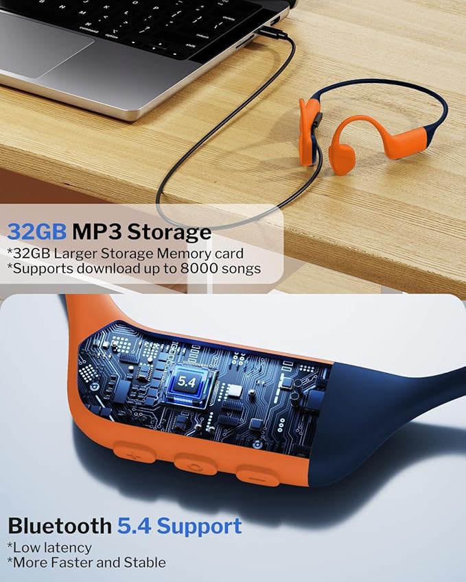 Bone Conduction Swimming Headphones,Waterproof IP68,Bluetooth 5.4, Built-in 32GB TF Swimming Headphones Underwater Music Player, Open Ear Bluetooth Earbuds (Orange)