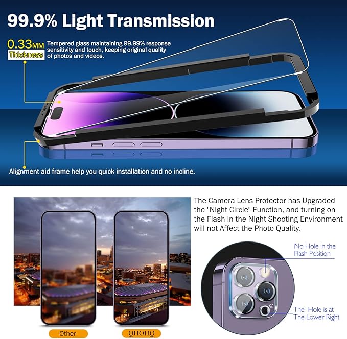 QHOHQ 3 Pack Screen Protector for iPhone 14 Pro Max 6.7 Inch with 3 Pack Tempered Glass Camera Lens Protector, Ultra HD, 9H Hardness, Scratch Resistant, Case Friendly