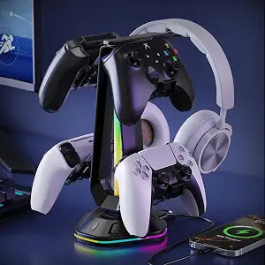 Luckit Gaming Headphones Stand, RGB Headset Stand with 12 Light Modes, Controller Holder with 2 USB Charging Ports - Supports Data Transfer, Earphone Hanger Accessories for Desktop Gamer
