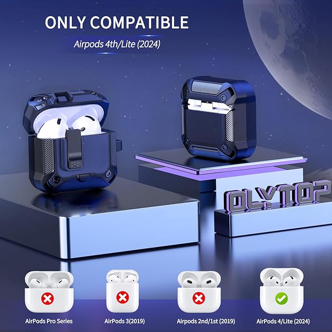for Airpods 4 Case with Phone Stand&Lock Clip, Rugged Apple Airpods 4th Generation Cover 2024 Men Women, Armor Shockproof iPod 4 Gen Protective Hard Shell with Carabiner&Cleaner kit, Black/Blue