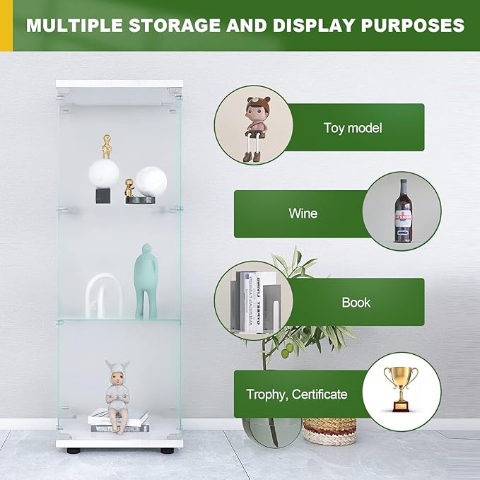LFT HUIMEI2Y Glass Display Cabinet 3-Shelf with Door and Lock, Curio Cabinets Upgraded Quick-Install Style Tempered Glass Floor Standing Bookshelf for Bedroom, Living Room 49”x 17”x 14” White