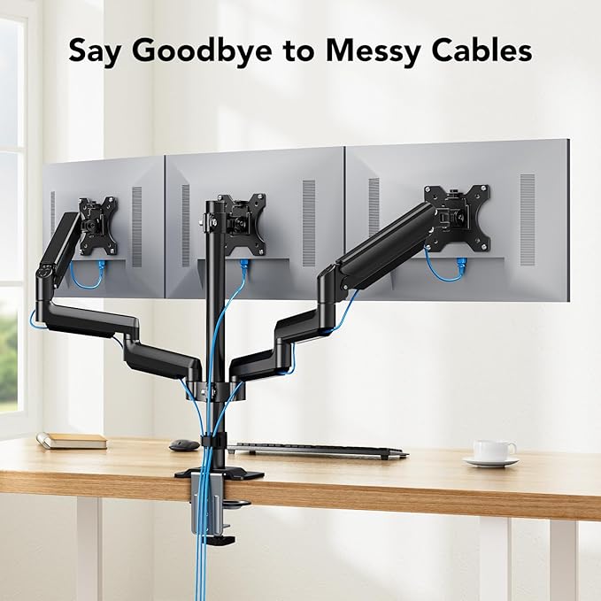 HUANUO Triple Monitor Mount for 13-27 inch Computer Screens, Gaming 3 Monitor Desk Mount with Arm Holds 17.6lbs, Triple Monitors Stand with Tilt, Swivel, Rotation, VESA 75x75, 100x100mm
