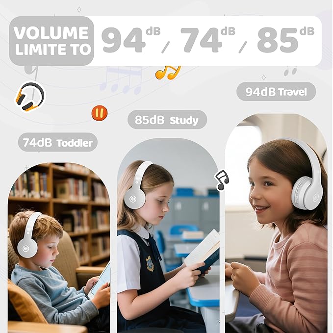 Headphones Kids Bluetooth 5.4 Wireless Play Time 68H Safe Volume Limit 85/94dB Over-Ear Foldable Headset,Fast Charging,with Aux Cord Built-in Mic for Toddler Child Pad Study Tablet White