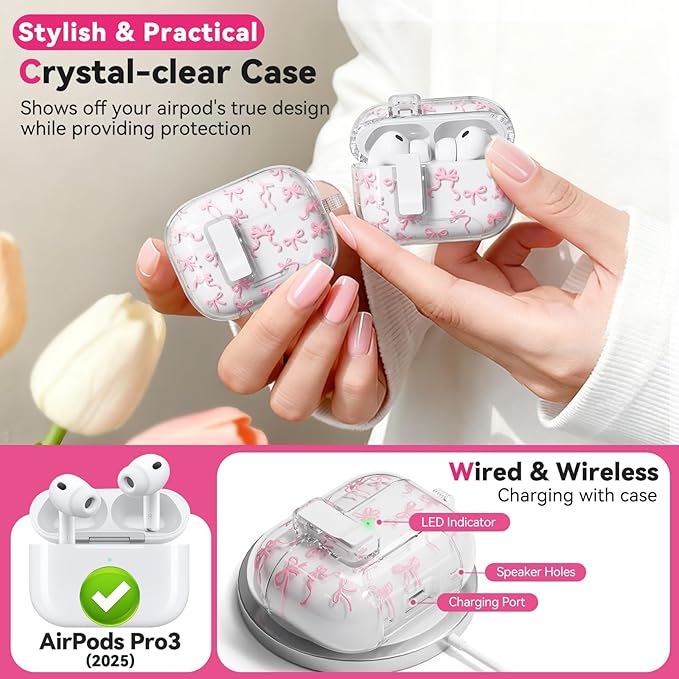 for AirPods Pro 3 Case Cute with Safety Lock & Phone Stand, Auto-Open Lid, Bow-Print Clear Case for Apple AirPods Pro 3rd Generation 2025 Cover with Cleaner Keychain for Women Girly, Pink