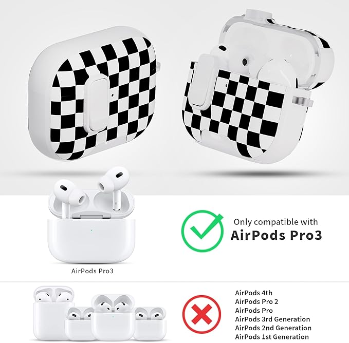 for AirPods Pro 3 Case(2025) with Secure Lock Clip and Phone Stand,Floral Girly Style Protective Cover with Cleaning Kit and Hand Strap for Apple AirPod Pro 3 Generation (Black White Squares)