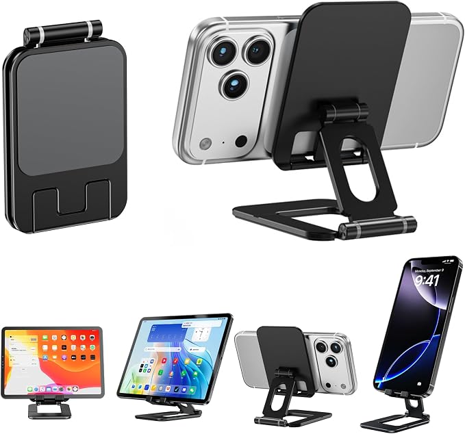 Adjustable Foldable Phone Stand for Desk, Premium Aluminum Cell Phone Holder, Portable Multi-Angle Desktop Stand Compatible with iPhone, Galaxy, iPad, Tablets & All Smartphones