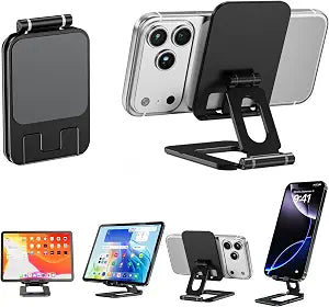 Adjustable Foldable Phone Stand for Desk, Premium Aluminum Cell Phone Holder, Portable Multi-Angle Desktop Stand Compatible with iPhone, Galaxy, iPad, Tablets & All Smartphones