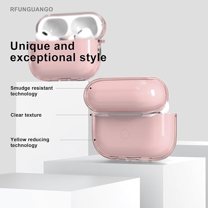 RFUNGUANGO AirPods Pro Case Clear, Soft TPU Transparent with Cleaning Kit & Keychain, Compatible with Magsafe, Compatible Apple AirPods Pro 2nd/1st Generation Protective Case, Pink