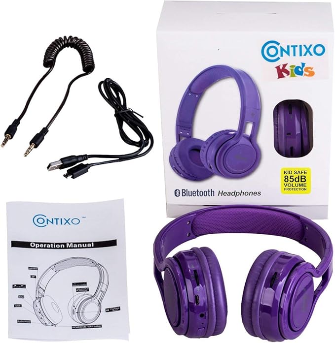 Contixo KB-2600 Premium Foldable Headphones for Kids - 85db Volume Limiter - Over-Ear and Built-in Mic Wirelesss for Children - Purple