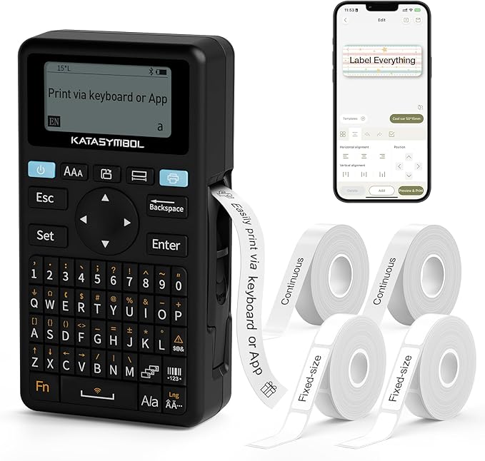 SUPVAN E11 Bluetooth Label Maker Machine with 4 Tapes, Support Keyboard & App with 40 Fonts and 650+ Icons, Rechargeable Inkless Labeler for Home, Kitchen, Office, School, Organization, Black