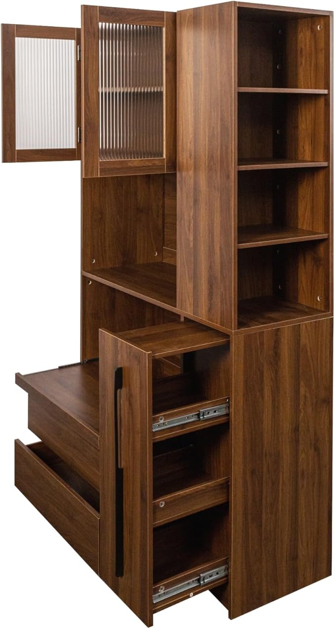 KEIKI 70.87" Tall Kitchen Pantry Storage Cabinet with Multi-Functional Pull-Out Shelf, Side Shelves, 2 Drawers, Glass Doors & Microwave Stand, Wood Hutch Food Pantries Cupboard for Dining Room