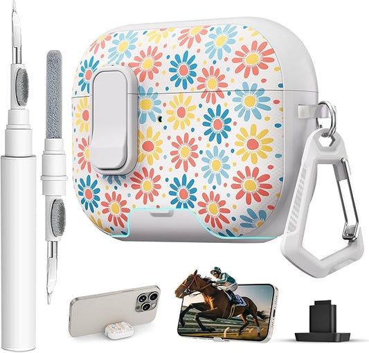 for AirPods Pro 3 Case(2025) with Secure Lock Clip and Phone Stand,Floral Girly Style Protective Cover with Cleaning Kit and Hand Strap for Apple AirPod Pro 3 Generation (Sun Petals)