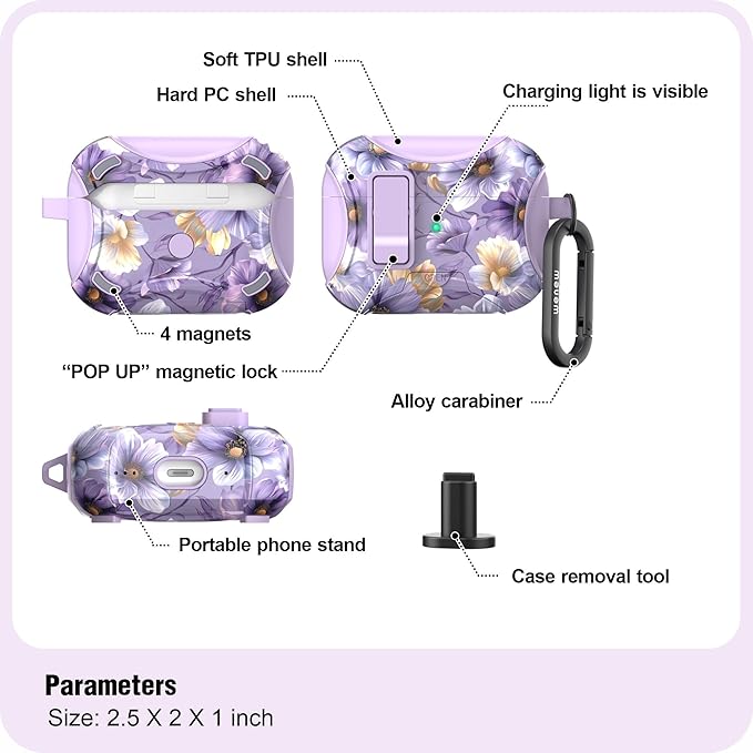 wenew case Compatible with AirPods Pro 2nd/1st Case Cover with Phone Stand, Cleaning Kit, Lanyard, Compatible with Magsafe One-Click Pop Open Lock iPod Pro Case (Purple, AirPods Pro & Pro 2)