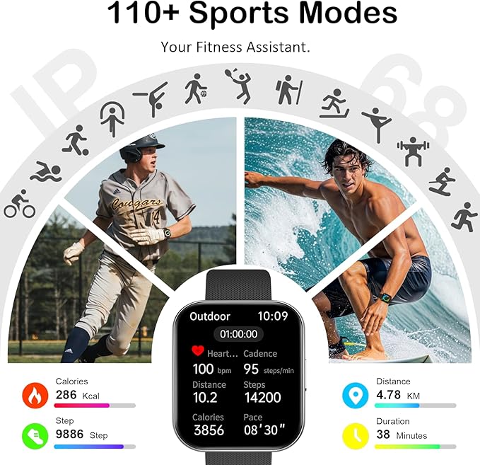 Smart Watch for Men Women, Bluetooth Calls, AI Dial,AI Q&A,1.85" HD AMOLED Curved Display Fitness Watch with Heart Rate/SpO2/Stress Monitor, Pedometer,110+ Sports Waterproof IP68 Smartwatch,Deep Black