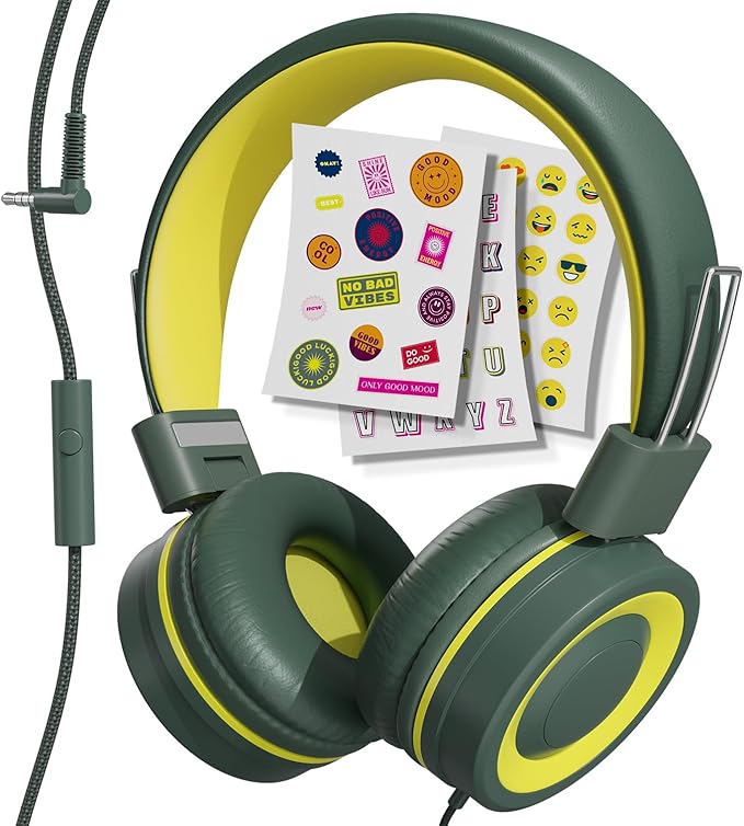MYZI Kids Headphones with Cord, Foldable Over Ear Headphones for Kids with Microphone, Tangle-Free Wired 85dB Safe Volume Toddler Headphones for iPad, School, and Airplane – Green