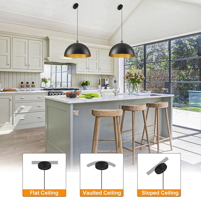 Black Pendant Light for Kitchen Island, 16 Inch Black and Gold Metal Dome Farmhouse Pendant Light Fixtures, Industrial Kitchen Pendant Lights Hanging Ceiling Light for Dining Room Foyer Cafe,2 Pack