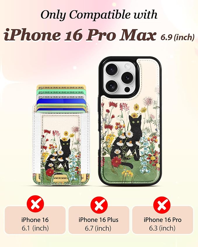Shorogyt for iPhone 16 Pro Max Case Wallet - Fits 5 Cards, Compatible with Magsafe Detachable Magnetic Credit Card Holder Leather Cardholder Cute Phone Cover Women Girls for Apple 16 ProMax, Cat