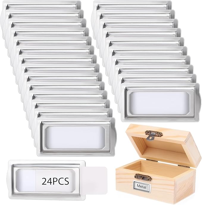 24 Pcs Self Adhesive Metal Bookplates for Books Card Horizontal Clip Label Holders Metal Drawer Tag Silver Label Plate for Office Library Book File Cabinet Drawer Tag Teacher School Classroom