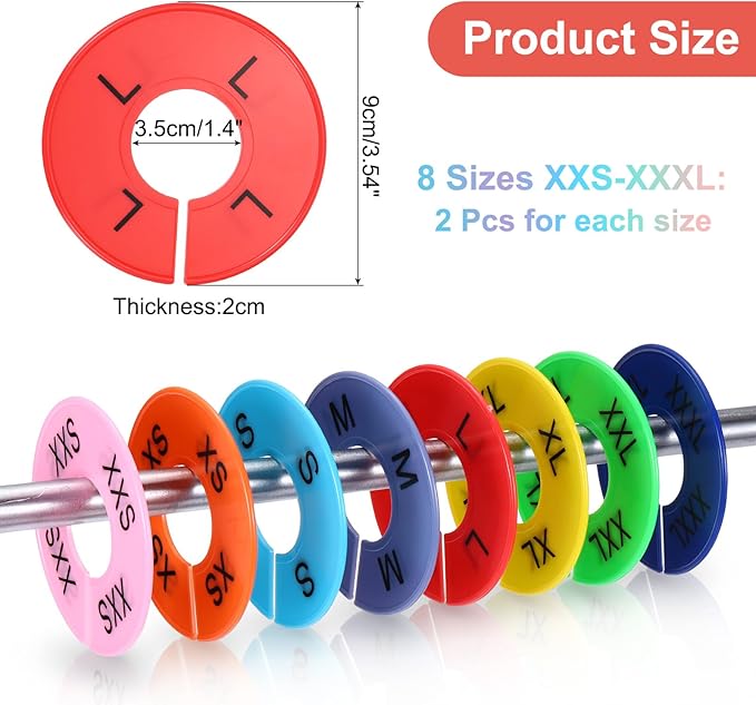 uxcell Clothes Dividers,16 Pack Round Closet Rack Dividers Clothing Rack Size Dividers Blank Labels with 8 Size Reusable for Hanging Clothes Sorting Size, Colorful