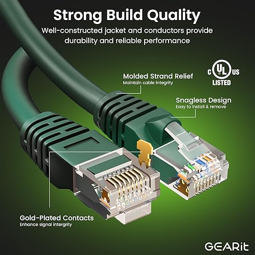 GEARit Cat 6 Ethernet Cable (10-Pack 6 Feet) Cat6 Network Patch, 10Gbps, RJ45, Snagless Cord, Gold-Plated Connectors, Internet for PC, TV, Tablet, Router, Printer, Servers, IT Data Center - Green