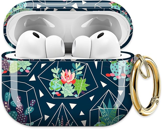 Cute Hard Case Compatible with AirPods Pro 3rd Generation Case (2025), Shockproof Protective Cover with Golden Keychain Ring Clip (Cute Succulents and Cactuses)