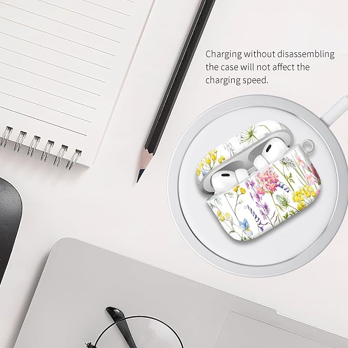 Compatible with Airpod pro 2nd/1st Generation Case Cover with Gold Round Keychain Cute Pattern Hard & Anti Slip Cover for Men Women & Girls（Nice Flowers）