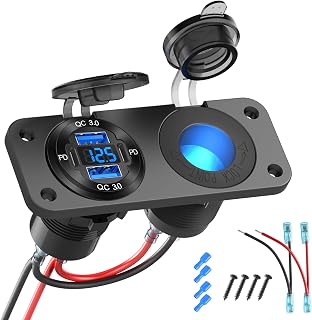 2026 Upgraded 4 Port 12 Volt USB Outlet Cigarette Lighter Socket Panel, Dual PD3.0 and Dual QC3.0 USB Ports Aluminum Car Charger with Voltmeter, Lighted 150W Socket, 2 in 1 DIY Kit for Boat RV, etc. - Image 1