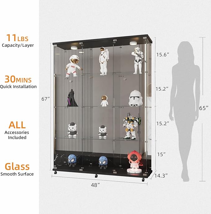 LFT HUIMEI2Y Glass Display Cabinet 12 Shelves with 3 Columns 2 Doors, LED Light and Lock, Extra Large Curio Cabinets Quick-Install Style Tempered Glass Bookshelf for Living Room, Kitchen Black