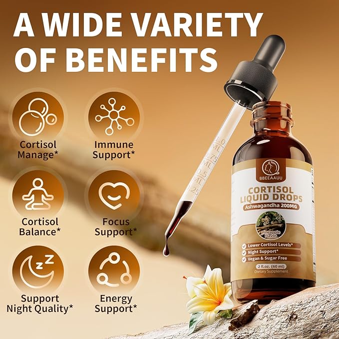 2 Pack Cortisol Supplements for Women & Men, with 200mg Ashwagandha, L-Theanine & Phosphatidylserine, 21-in-1 Cortisol Manager Reducer Liquid Drops, Support Night, Focus & Energy, Pineapple