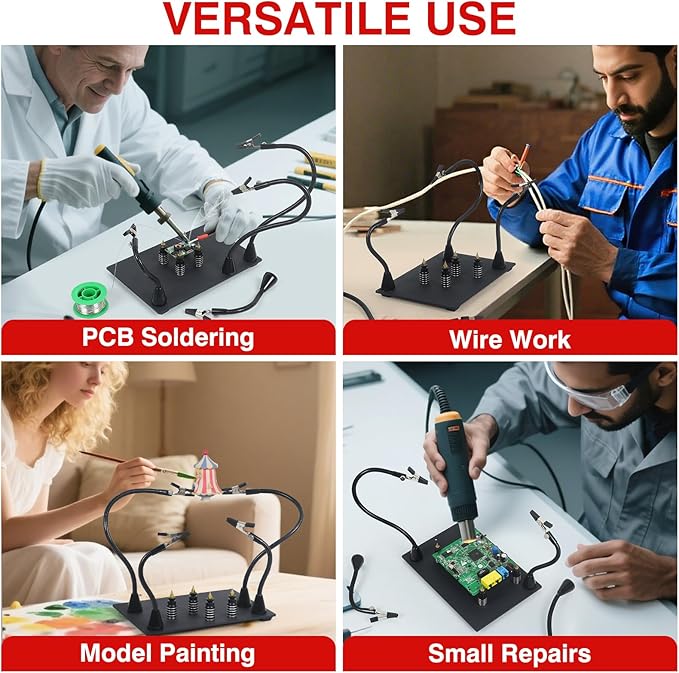 Magnetic Helping Hand, Soldering Helping Hands, 4 PCB Pillars Circuit Board Holder with Flexible Metal Arms Heavy Duty Base Electronic Repair Tool