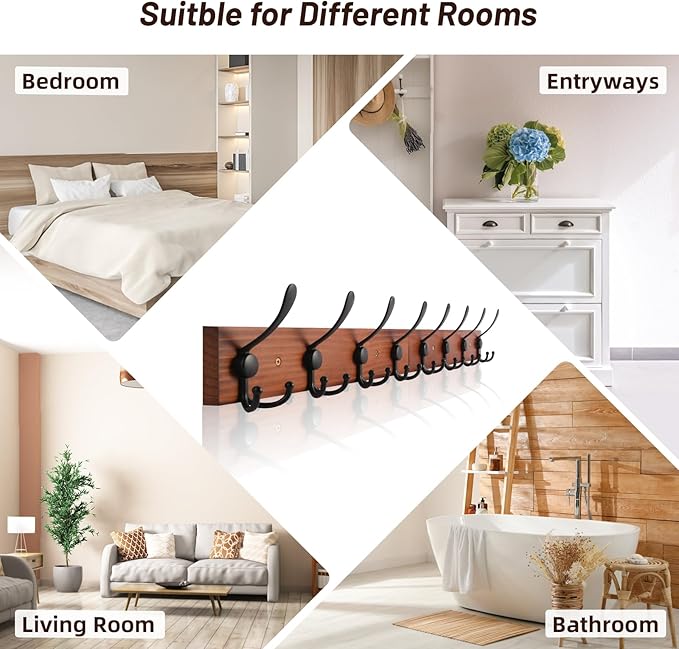 Rustic 32.2" Large Coat Rack Wall Mount, Long Wood Coat Hooks Wall Mount with 8 Triple Hooks, Heavy Duty Wooden for Entryway, Farmhouse Hanging Jackets, Coats, Hats, Bags,Towel