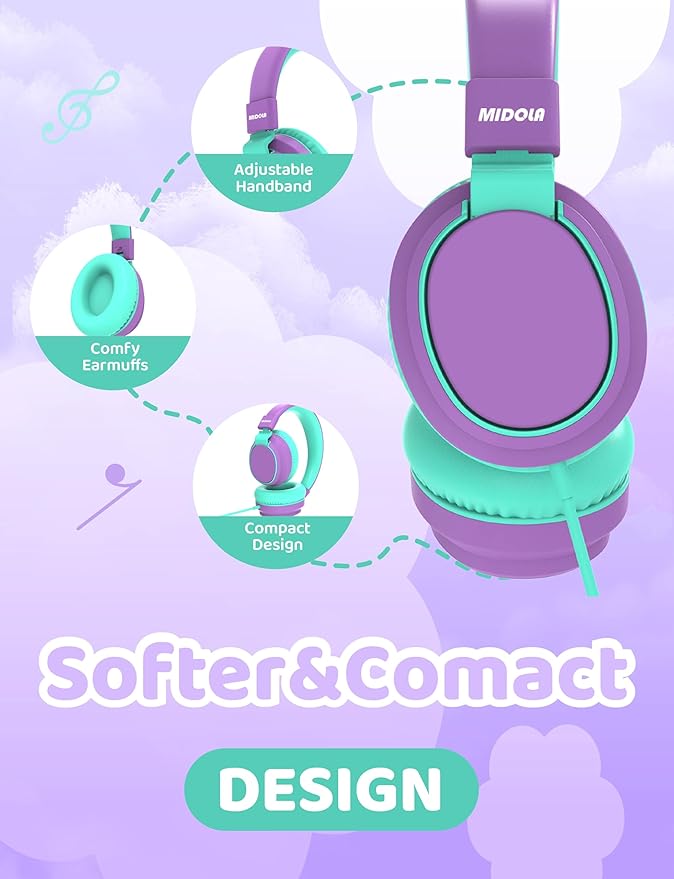MIDOLA Kids Headphone Wired Volume Limited 85/94dB Over-Ear/On-Ear Foldable Headset with Microphone Hearing Protection Headphones for Toddler Boy Girl Child School Learning Pad Tablet Purple