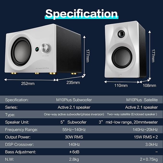HiVi-Swans M10 Plus White Bookshelf Speaker, Bluetooth Powered Computer Speakers with Subwoofer 2.1 Home Speakers Stereo System – 60W RMS – AUX Audio
