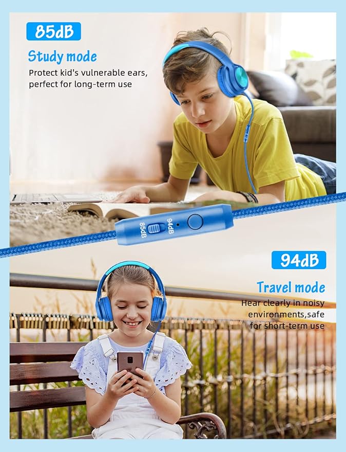 Kids Headphones with Microphone, Wired Over Ear Headsets with Limited Volume 85dB/ 94dB for Boys Girls Teens Children Online School/Travel/iPad/Tablet/Cellphone
