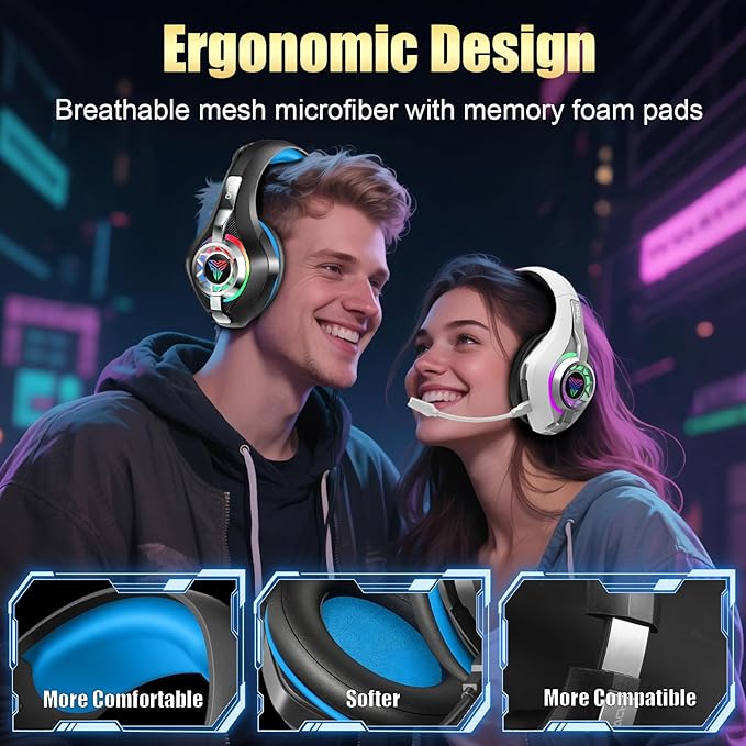 2.4GHz Wireless Gaming Headsets for PS5/PS4/PC/Switch/Xbox, RGB Noise Cancelling Over-Ear Headphones with 7.1 Surround Sound, 40mm Drivers, 276g ultraligero, Memory Foam, 45H Gaming Headphones 2025