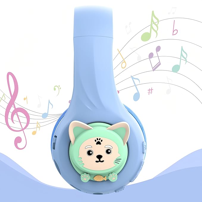 Riwbox CB-7S Kids Wireless Headphones,with Safe Volume Control 74/85/95dB,LED Glow Lights,50H Playtime,Bluetooth V5.3,Built-in Mic, TF Card Slot,for Travel/School/Phone/Laptop(Blue&Grey)