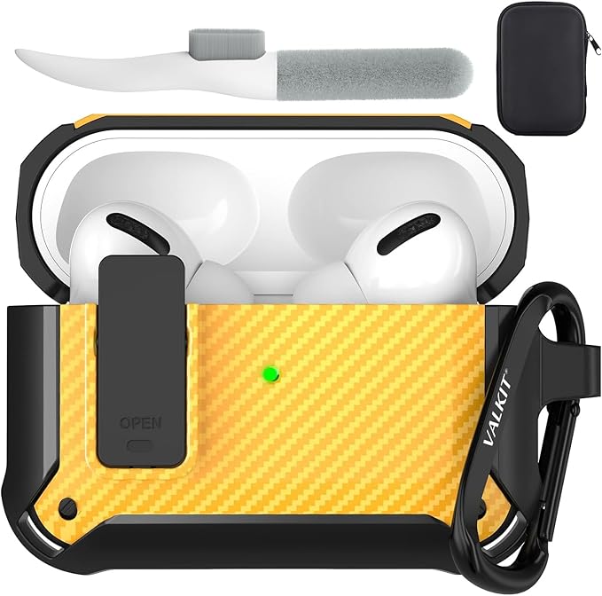 Valkit Compatible Airpods Pro Case with Lock Clip, Carbon Fiber Texture Air Pod Pro Case Cover with Keychain for Men Women Cool AirPod Pro Shockproof Protective Case for AirPods Pro 2019, Black/Yellow