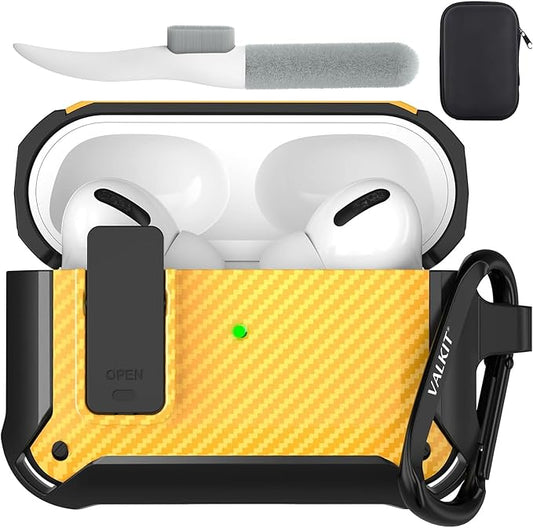 Valkit Compatible Airpods Pro Case with Lock Clip, Carbon Fiber Texture Air Pod Pro Case Cover with Keychain for Men Women Cool AirPod Pro Shockproof Protective Case for AirPods Pro 2019, Black/Yellow