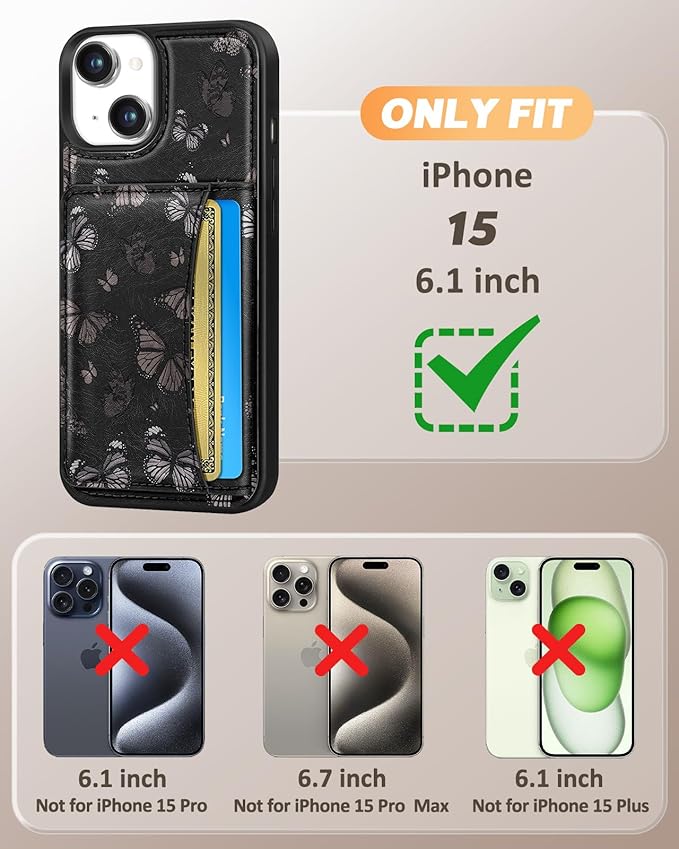 for iPhone 15 Case with Wallet - Fits 4 Card Slots, Compatible with MagSafe for Women Aesthetic Durable PU Leather Credit Card Holder Kickstand Phone Cover for Apple 15, Black Butterfly