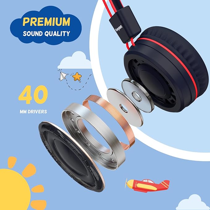 USB Type C Kids Headphones for School, Wired Toddler Headphones, 94dB Volume Limited, HD Stereo Sound, Foldable Lightweight On-Ear Wired Headphones for Kids/Children/Teens/Boys (Red Black)