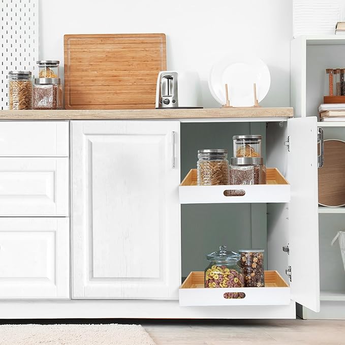 2 PCS Wood Pull Out Cabinet Organizers with Removable Dividers, 20''W x 21''D Nail-free Wood Sliding Drawers with Adhesive Tape, Roll Out Shelves for Kitchen, Pantry, Office (White)