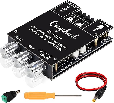 ZK-1002T Bluetooth 5.0 Stereo Amplifier Board, 200W HiFi 2.0 Channel Mini Audio Amp Module with Treble & Bass Control, AUX Input, DC 12V-24V for DIY Speakers,Home Audio