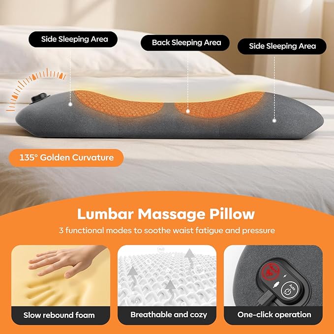 Smooth Triple Fusion Back Massager,with Heat, Vibration & Lumbar Traction - Deep Tissue Lumbar Pillow for Lower Back Pain Relief, Relaxation for Home, Office - Corded Electric（Dark Gray）