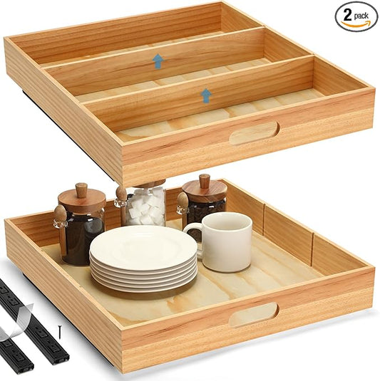 2 PCS Wood Pull Out Cabinet Organizers with Removable Dividers, 20''W x 21''D Nail-free Sliding Drawers with Adhesive Tape, Roll Out Shelves for Kitchen, Pantry, Office (Wood)