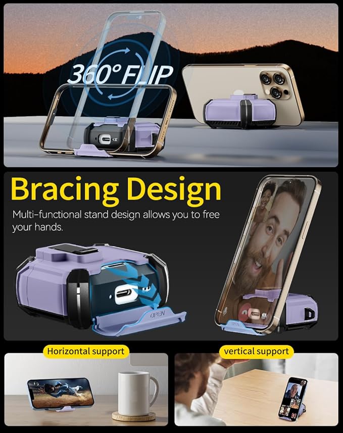 Compatible with AirPods 4 Case,Magnetic Automatic Lock with Phone Stand & Cleaning Kit,Compatible with Magsafe Cover -Purple