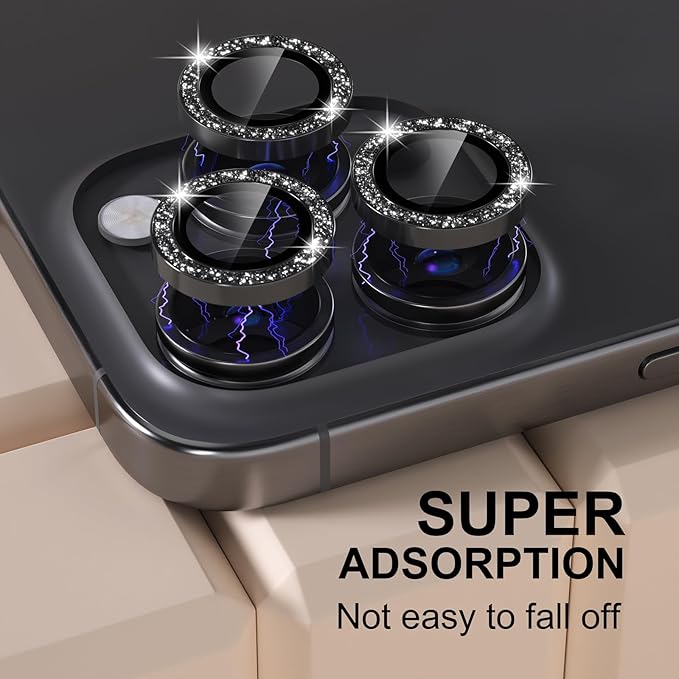 Misea Compatible for iPhone 16 Pro/iPhone 16 Pro Max Camera Lens Protector Bling, 9H Tempered Glass Camera Cover Screen Protector Metal Individual Ring Protector Decoration Accessories, Black Glitter